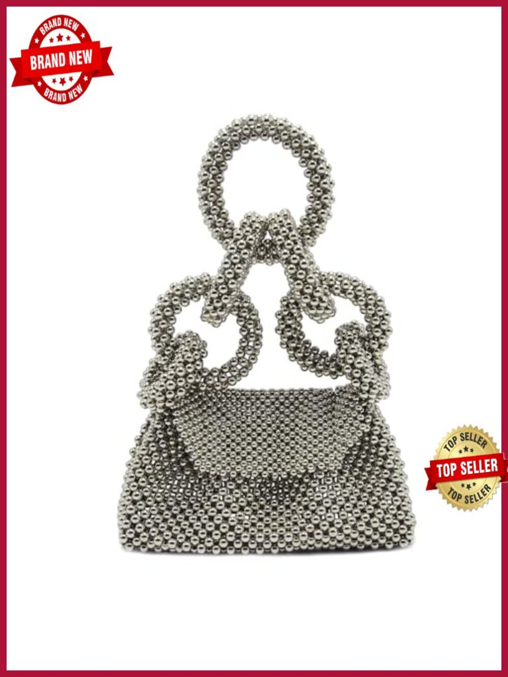 Pearl Big Ring Top Handle Evening Purse Handmade Beaded Clutch